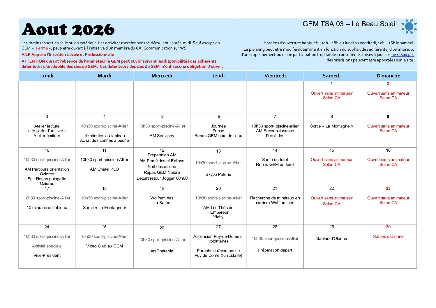 Programme Aout 2026